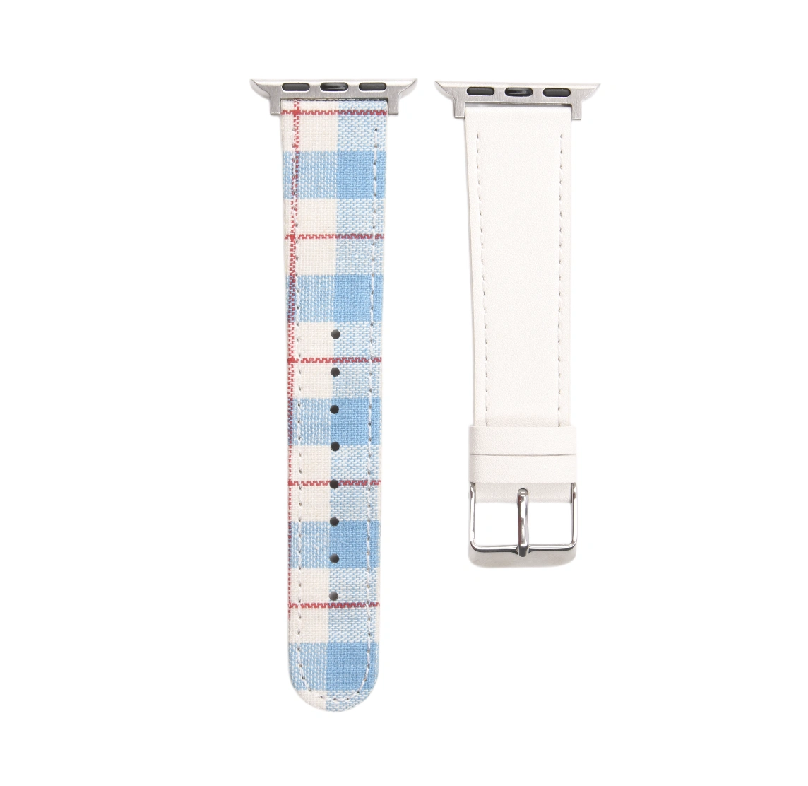 Fabric-Composite Leather Watch Strap in Blue Tartan Pattern 03